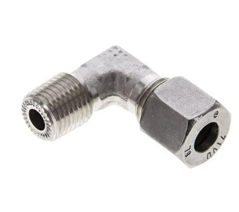 1/4” NPT Male x 8L Stainless steel 90 deg Elbow Cutting ring 315 Bar DIN 2353