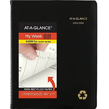 2024-2025 AT-A-GLANCE® Recycled Academic Weekly/Monthly Appointment Book Planner, 8-1/4″ x 11″, 100% Recycled, Black, July 2024 To June 2025, 70957G05