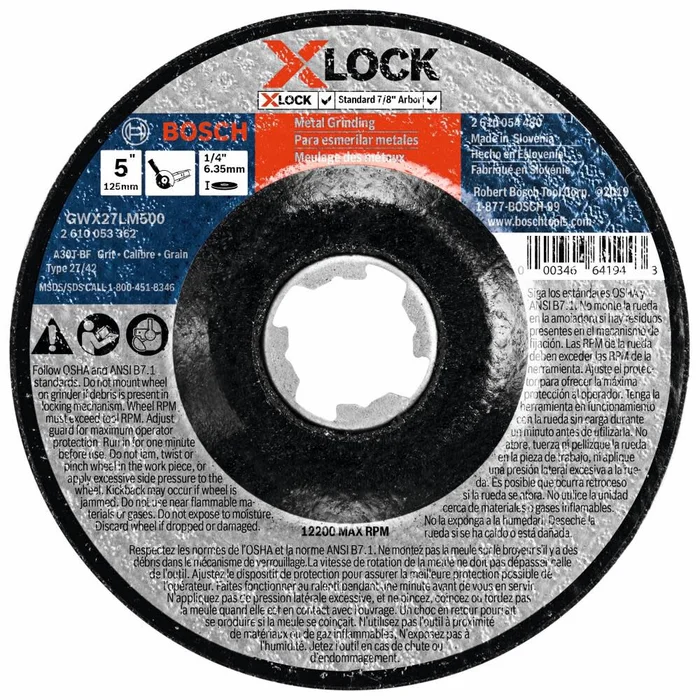 5 In. x 1/4 In. X-LOCK Arbor Type 27 30 Grit Metal Grinding Abrasive Wheel GWX27LM500