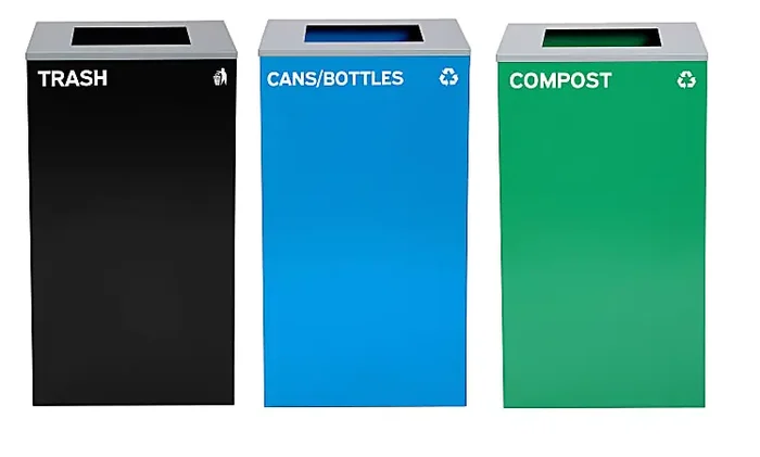 Alpine Industries Stainless-Steel Open Top Cans/Bottles, Compost And Trash Can Set, 30”H x 16-15/16”W x 16-15/16”D, Black/Blue/Green – ALP4450BLKKIT16