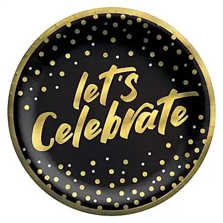 Amscan Confetti Wishes Dessert Paper Plates, 6-3/4″, Black/Gold, Pack Of 8 Plates