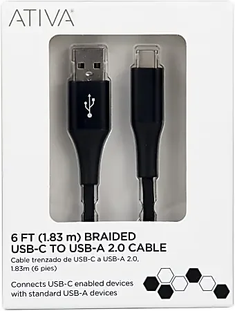 Ativa® USB Type-C To USB Type-A Cable, 6‘, Black, 45380