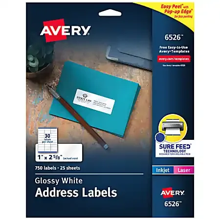 Avery® Address Labels With Sure Feed® And Easy Peel® Technology, 6526, Rectangle, 1″ x 2-5/8″, Glossy White, Pack Of 750
