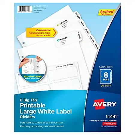 Avery® Big Tab™ Printable Large Label Dividers, Easy Peel®, White, 8-Tab, Pack Of 20 Sets