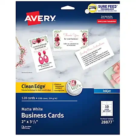 Avery® Clean Edge® Printable Business Cards With Sure Feed® Technology For Inkjet Printers, 2″ x 3-1/2″, White, Pack Of 120 Blank Cards