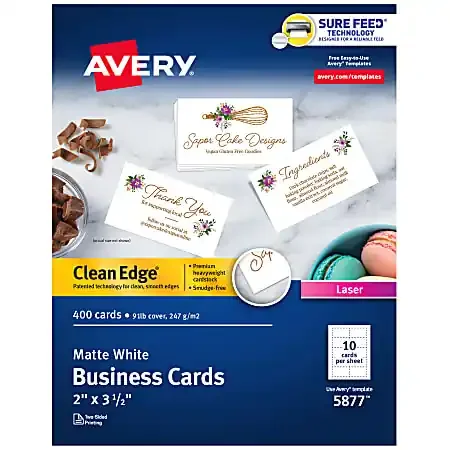 Avery® Clean Edge® Printable Business Cards With Sure Feed® Technology for Laser Printers, 2″ x 3.5″, White, 400 Blank Cards