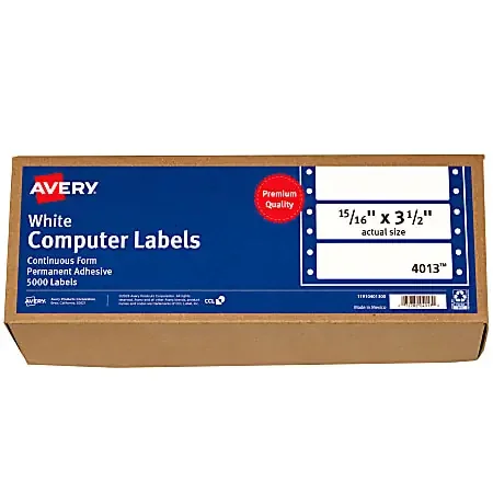 Avery® Continuous Form Permanent Address Labels, 4013, Rectangle, 3 1/2″ x 15/16″, White, Pack Of 5,000