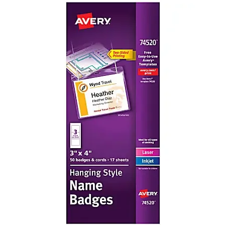 Avery® Customizable Hanging Style Name Badges, 74520, 3″ x 4″, White, Box Of 50