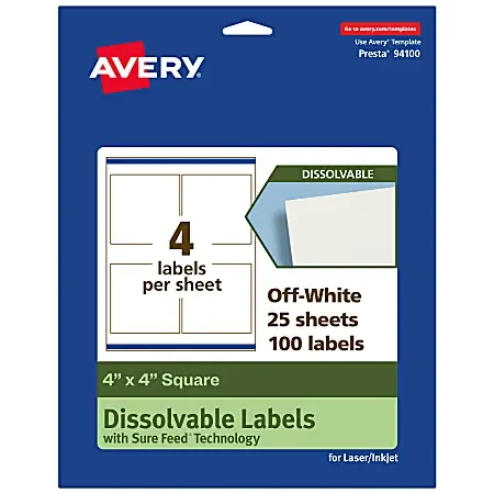 Avery® Dissolvable Labels With Sure Feed® Technology, 94100-DWMP25, Square, 4″x4″, Matte Off-White, Pack Of 100