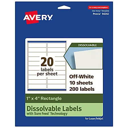 Avery® Dissolvable Labels With Sure Feed® Technology, 94202-DWMP10, Rectangle, 1″x4″, Matte Off-White, Pack Of 200