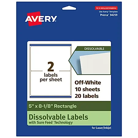 Avery® Dissolvable Labels With Sure Feed® Technology, 94259-DWMP10, Rectangle, 5″x8-1/8″, Matte Off-White, Pack Of 20