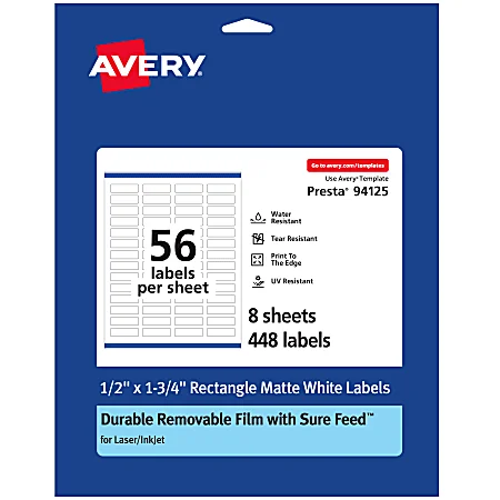 Avery® Durable Removable Labels With Sure Feed®, 94125-DRF8, Rectangle, 1/2″ x 1-3/4″, White, Pack Of 448