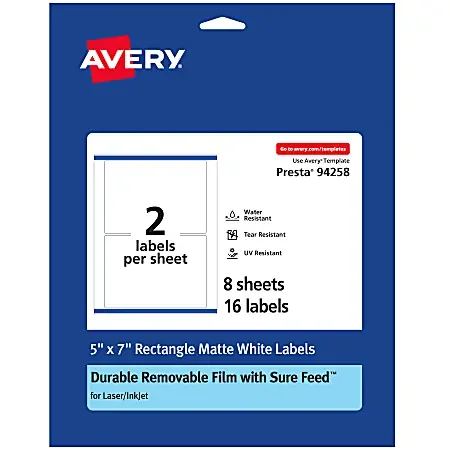 Avery® Durable Removable Labels With Sure Feed®, 94258-DRF8, Rectangle, 5″ x 7″, White, Pack Of 16