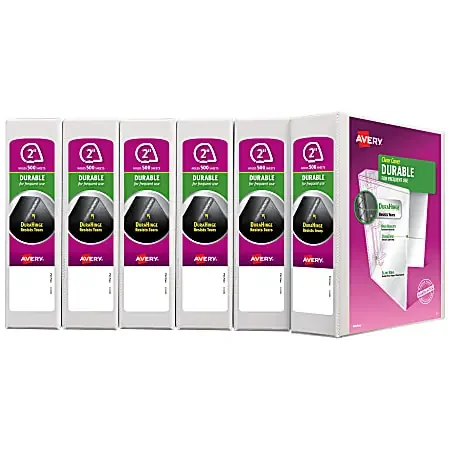 Avery® Durable View 3 Ring Binder, 2″ Slant Rings, White, Pack Of 6