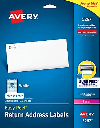 Avery® Easy Peel® Address Labels With Sure Feed® Technology, 5267, Rectangle, 1/2″ x 1-3/4″, Matte White, Pack Of 2,000