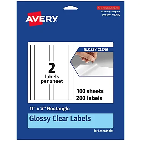 Avery® Glossy Permanent Labels, 94265-CGF100, Rectangle, 11″ x 3″, Clear, Pack Of 200