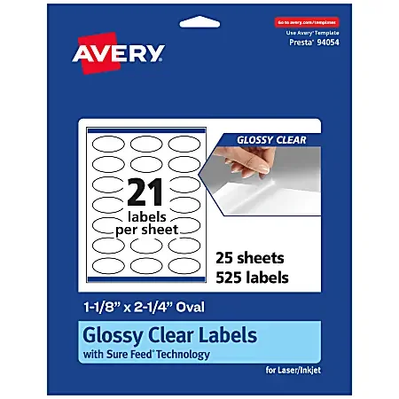 Avery® Glossy Permanent Labels With Sure Feed®, 94054-CGF25, Oval, 1-1/8″ x 2-1/4″, Clear, Pack Of 525