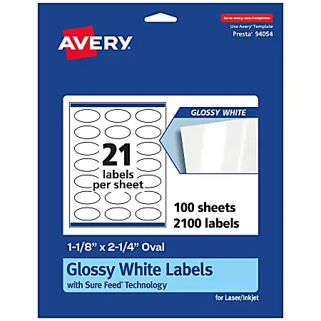 Avery® Glossy Permanent Labels With Sure Feed®, 94054-WGP100, Oval, 1-1/8″ x 2-1/4″, White, Pack Of 2,100