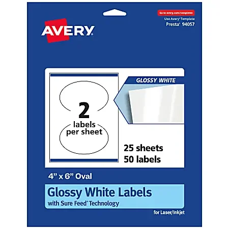 Avery® Glossy Permanent Labels With Sure Feed®, 94057-WGP25, Oval, 4″ x 6″, White, Pack Of 50