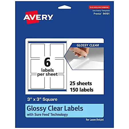 Avery® Glossy Permanent Labels With Sure Feed®, 94101-CGF25, Square, 3″ x 3″, Clear, Pack Of 150