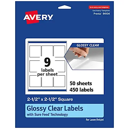 Avery® Glossy Permanent Labels With Sure Feed®, 94104-CGF50, Square, 2-1/2″ x 2-1/2″, Clear, Pack Of 450