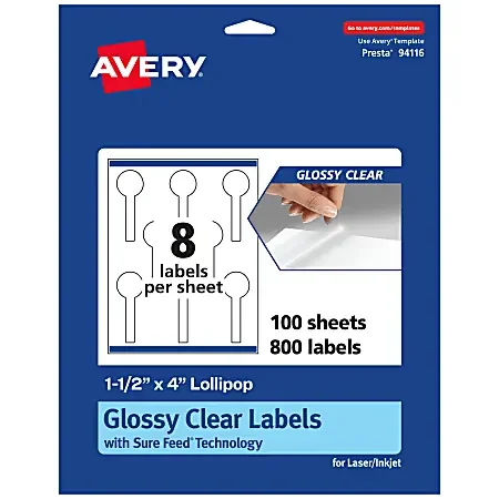 Avery® Glossy Permanent Labels With Sure Feed®, 94116-CGF100, Lollipop, 1-1/2″ x 4″, Clear, Pack Of 800