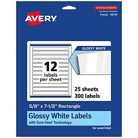 Avery® Glossy Permanent Labels With Sure Feed®, 94119-WGP25, Rectangle, 5/8″ x 7-1/2″, White, Pack Of 300