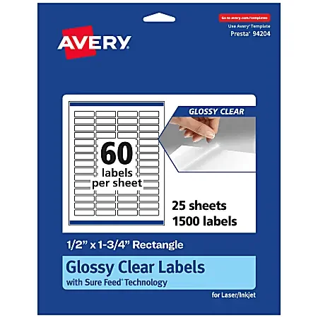 Avery® Glossy Permanent Labels With Sure Feed®, 94204-CGF25, Rectangle, 1/2″ x 1-3/4″, Clear, Pack Of 1,500