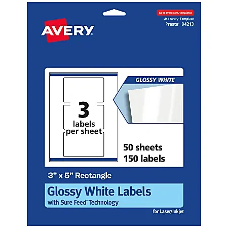 Avery® Glossy Permanent Labels With Sure Feed®, 94213-WGP50, Rectangle, 3″ x 5″, White, Pack Of 150