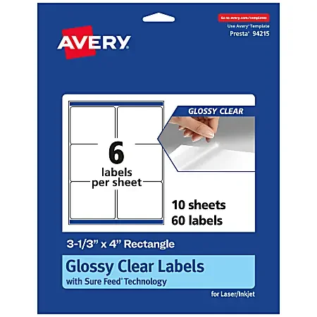 Avery® Glossy Permanent Labels With Sure Feed®, 94215-CGF10, Rectangle, 3-1/3″ x 4″, Clear, Pack Of 60