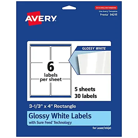 Avery® Glossy Permanent Labels With Sure Feed®, 94215-WGP5, Rectangle, 3-1/3″ x 4″, White, Pack Of 30