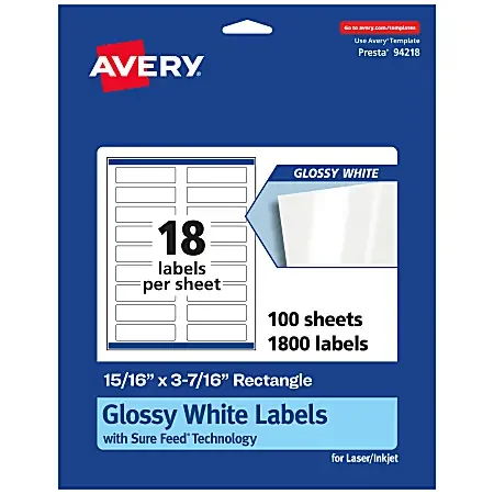 Avery® Glossy Permanent Labels With Sure Feed®, 94218-WGP100, Rectangle, 15/16″ x 3-7/16″, White, Pack Of 1,800