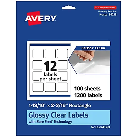 Avery® Glossy Permanent Labels With Sure Feed®, 94233-CGF100, Rectangle, 1-13/16″ x 2-3/16″, Clear, Pack Of 1,200