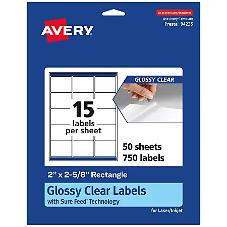 Avery® Glossy Permanent Labels With Sure Feed®, 94235-CGF50, Rectangle, 2″ x 2-5/8″, Clear, Pack Of 750