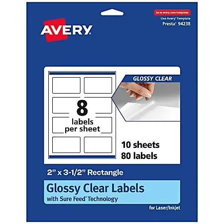 Avery® Glossy Permanent Labels With Sure Feed®, 94238-CGF10, Rectangle, 2″ x 3-1/2″, Clear, Pack Of 80