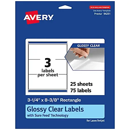 Avery® Glossy Permanent Labels With Sure Feed®, 94251-CGF25, Rectangle, 3-1/4″ x 8-3/8″, Clear, Pack Of 75