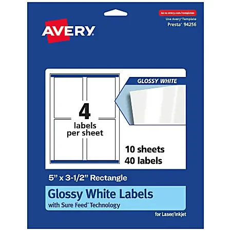 Avery® Glossy Permanent Labels With Sure Feed®, 94256-WGP10, Rectangle, 5″ x 3-1/2″, White, Pack Of 40