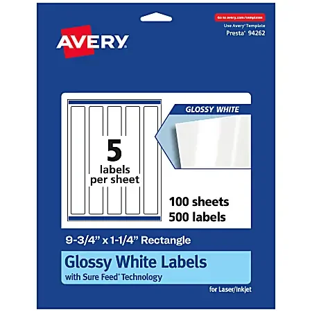 Avery® Glossy Permanent Labels With Sure Feed®, 94262-WGP100, Rectangle, 9-3/4″ x 1-1/4″, White, Pack Of 500