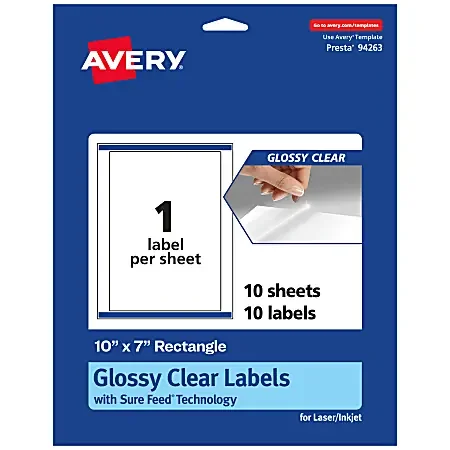 Avery® Glossy Permanent Labels With Sure Feed®, 94263-CGF10, Rectangle, 10″ x 7″, Clear, Pack Of 10