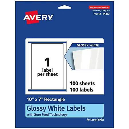 Avery® Glossy Permanent Labels With Sure Feed®, 94263-WGP100, Rectangle, 10″ x 7″, White, Pack Of 100