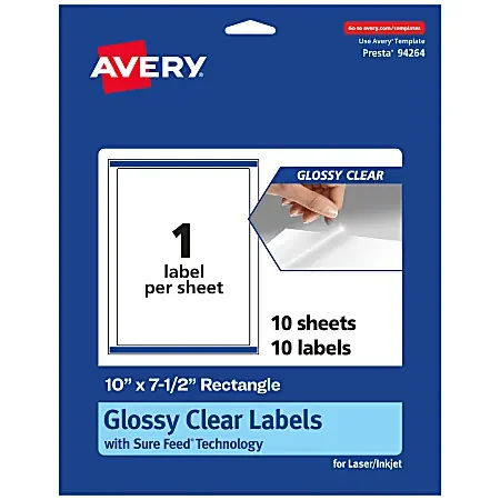 Avery® Glossy Permanent Labels With Sure Feed®, 94264-CGF10, Rectangle, 10″ x 7-1/2″, Clear, Pack Of 10