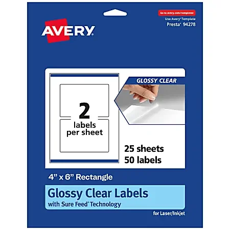 Avery® Glossy Permanent Labels With Sure Feed®, 94278-CGF25, Rectangle, 4″ x 6″, Clear, Pack Of 50