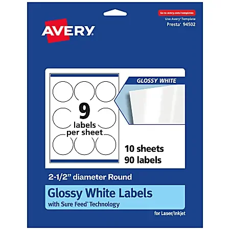 Avery® Glossy Permanent Labels With Sure Feed®, 94502-WGP10, Round, 2-1/2″ Diameter, White, Pack Of 90
