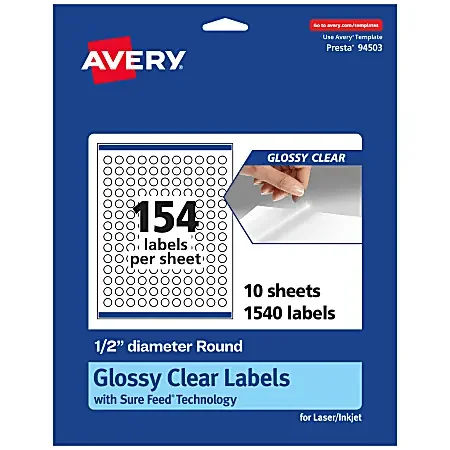 Avery® Glossy Permanent Labels With Sure Feed®, 94503-CGF10, Round, 1/2″ Diameter, Clear, Pack Of 1,540