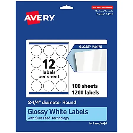Avery® Glossy Permanent Labels With Sure Feed®, 94510-WGP100, Round, 2-1/4″ Diameter, White, Pack Of 1,200