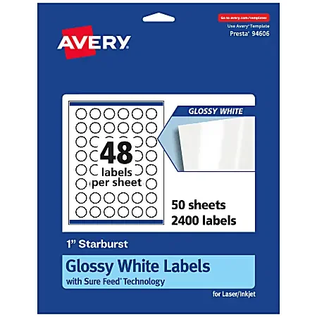 Avery® Glossy Permanent Labels With Sure Feed®, 94606-WGP50, Starburst, 1″, White, Pack Of 2,400