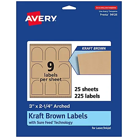 Avery® Kraft Permanent Labels With Sure Feed®, 94126-KMP25, Arched, 3″ x 2-1/4″, Brown, Pack Of 225