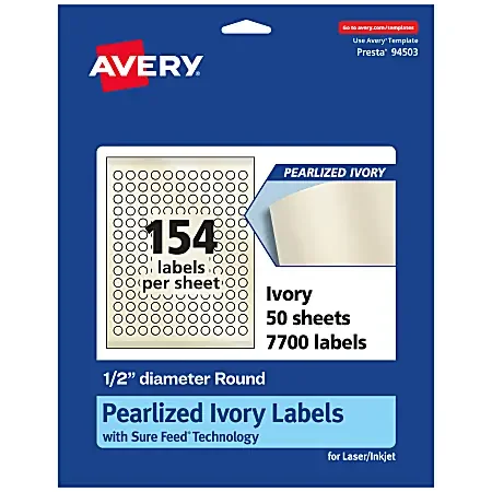 Avery® Pearlized Permanent Labels With Sure Feed®, 94503-PIP50, Round, 1/2″ Diameter, Ivory, Pack Of 7,700 Labels