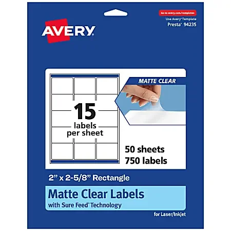 Avery® Permanent Labels With Sure Feed®, 94235-CMF50, Rectangle, 2″ x 2-5/8″, Matte Clear, Pack Of 750