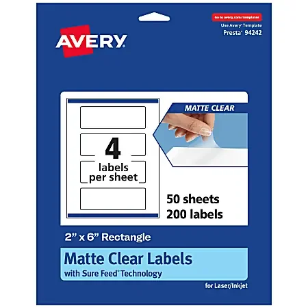 Avery® Permanent Labels With Sure Feed®, 94242-CMF50, Rectangle, 2″ x 6″, Matte Clear, Pack Of 200